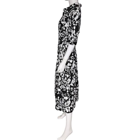 Wishing Waves Black and White Notched Collar Puff Sleeve Midi Dress Women’s Sz L - Picture 2 of 5